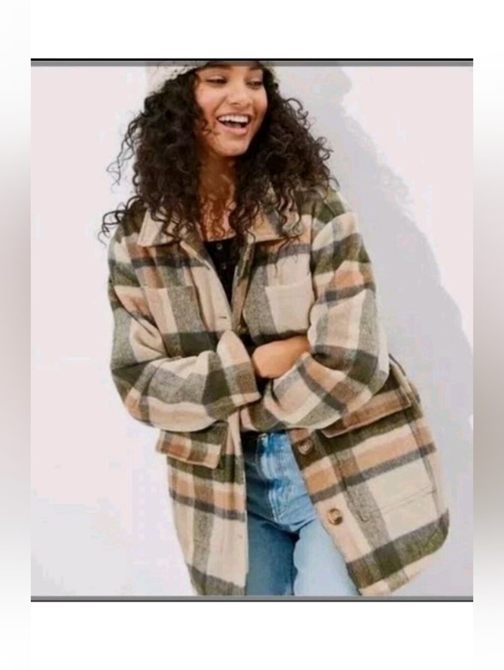 American Eagle Plaid Flannel Shacket Button Down Green Beige Women's SZ XXL